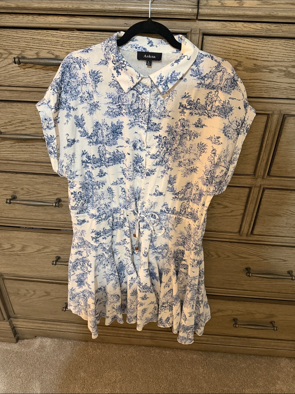 Aakaa White and Blue Toile Button-Front Tunic Dress